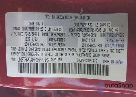 2014 Mazda Cx-9 Touring из США, поврежденный, VIN JM3TB2CA6E0444862